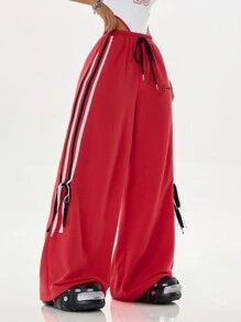 SHEIN Coolane 女性時尚街頭風格側踏彩色編織帶蝴蝶結細節-結繡標誌長褲，完美適用於春夏搭配 - 紅色 - 查看 4
