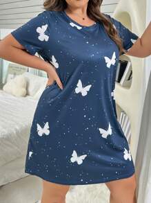 Vestido de pijama de manga corta con estampado de mariposa y cuello redondo, para uso en verano, talla grande