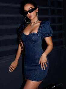 SHEIN ICON 女士性感泡泡袖修身迷你牛仔裙，夏季 - 深色水洗藍 - 查看 7