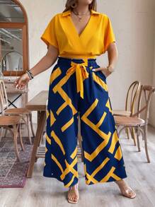 SHEIN LUNE Conjunto casual de 2 piezas para mujeres de talla grande en verano con top corto de manga murciélago y pantalones de pierna ancha a cuadros