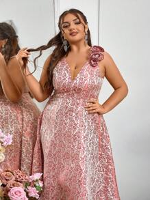 SHEIN Belle 豪華3D花卉優雅大碼晚會禮服，婚禮客人服裝 - 紅色 - 查看 6