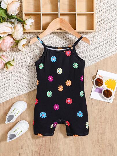 SHEIN Newborn Baby Girl Cute Knitted Floral Patterned Jumpsuit With Stretch And Strap Design For Summer, Snap Crotch