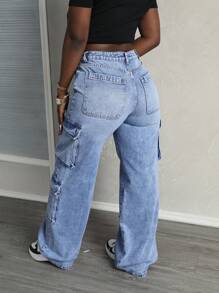 SHEIN Tall Jeans de mezclilla lavada con bolsillo utilitario y cintura asimétrica para mujeres