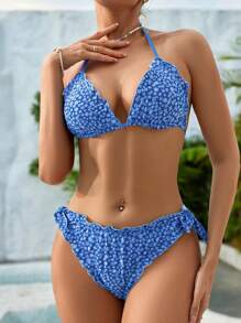 Women's Summer Beach Floral Frill Trim Halter Tie Bikini Set - Blue - View 4