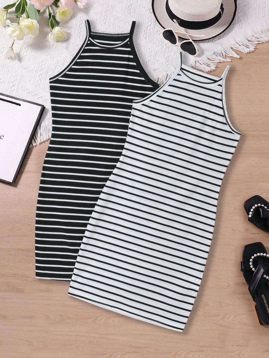 SHEIN Explorewe 中學生女孩條紋休閒多件式連身裙 - 彩色 - 查看 1