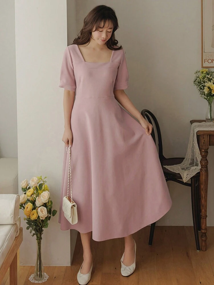 Elegant Ladies' Solid Color Square Neckline Waist-Tied Midi Dress Sundress