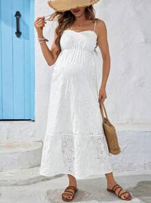 SHEIN Maternity Island Vacation Embroidered Hollow Out Spaghetti Strap Dress With Ruffled Trim - White - View 4
