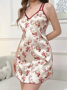 丝绸般花朵印花交叉后背吊带睡衣连衣裙