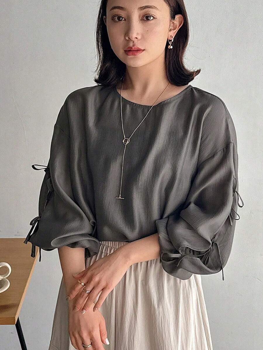 FRIFUL 女士圓領系帶前掉肩休閒長袖上衣 - 灰色 - 查看 1