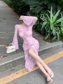 DAZY Flocked Raised Pattern V-Neck Long Sleeve Dress For Women, Autumn Sexy High Slit Dress,Ruffle