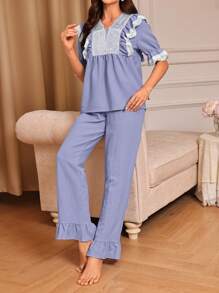 Ladies' Contrast Color Lace Patchwork Ruffle Short Sleeve Top & Solid Color Long Pants Pajama Set
