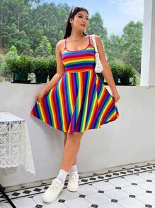 SHEIN EZwear 女式加大码夏季彩虹条纹图案 A 字形针织弹力吊带连衣裙 - 彩色 - 查看 5