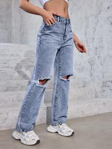 SHEIN PETITE Jeans rasgados de unicolor y sencillos para mujer para uso diario