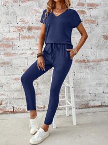 SHEIN LUNE Casual V-Neck Batwing Sleeve Summer Top And Pants Set For Women, Summer