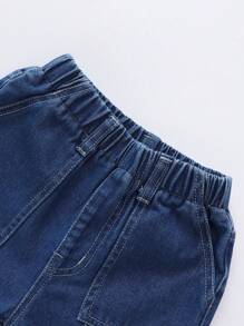 YOUNG BOY Retro Athletic College Style Letter Print Sweater Hoodie & Dark Wash Denim Shorts Set With Flat Pockets