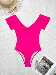 SHEIN Swim Einteiliger Badeanzug für Damen Einfarbig mit herzförmigem Ausschnitt und geraffter Brust, perfekt für den Sommerurlaub am Strand