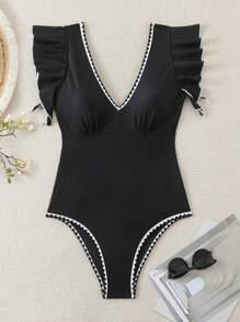 SHEIN Swim Bộ đồ bơi xếp nếp màu sắc tương phản trên bãi biển mùa hè dành cho nữ có chi tiết viền - màu đen - Xem 8