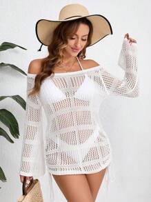 SHEIN Swim Ladies' See-Through Off Shoulder Long Sleeve Solid Color Dress With Cover Up Summer - White - View 2