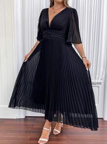 Celure Plus Size Women's Elegant Deep V-Neck Ruffle Short Sleeve Long Pleated Dress With Flowy Hem, Summer