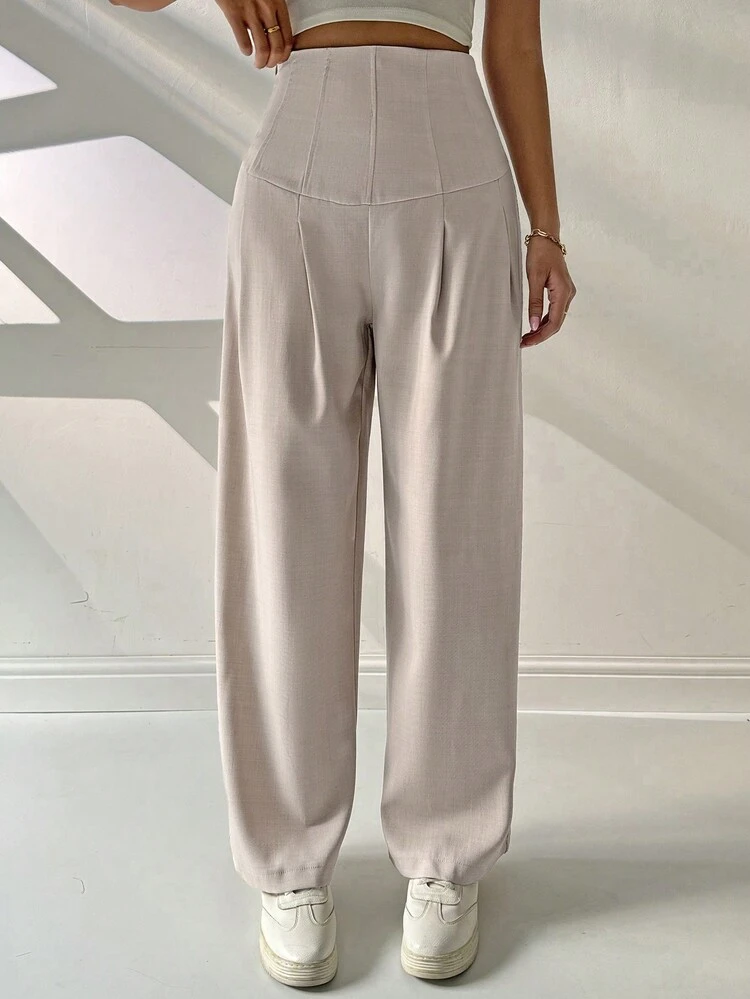 High Waist Plicated Detail Straight Leg Pants