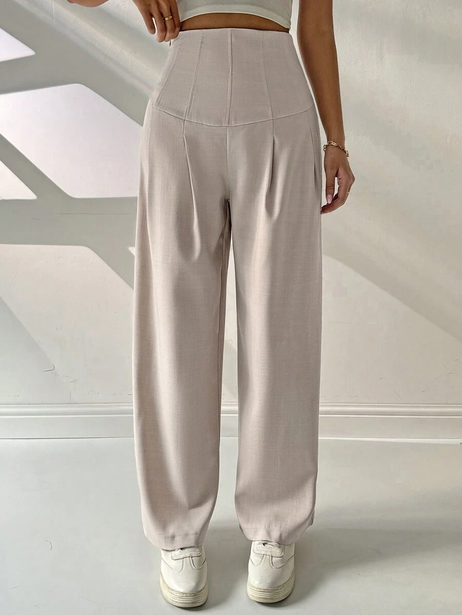 SHEIN ChicEase Quần ống đứng họa tiết cạp cao - Màu be - Xem 1