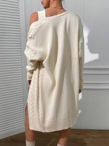 EURMUSE Elegant Cable Knit Square Neck Mini Sweater Dress & Cable Knit Cardigan 2 Piece Co-Ords - Beige - View 2