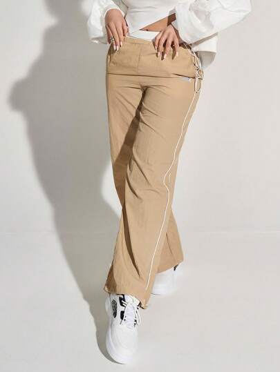 SHEIN X SAMADHI Lunelith SHEIN Lunessa Pantalones Casuales Con Borde Contrastante, Dobladillo Enrollado Y Bolsillos Inclinados