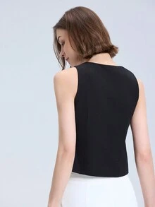 Ladies' Solid Color Simple Daily Sleeveless Strap Vest - Black - View 2