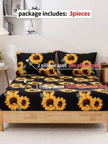 3入組向日葵床上用品設計（全尺寸）與純色背景，舒適的床上用品，向日葵主題裝飾床上用品（1床墊套+ 2枕套），適用於女孩的臥室裝飾