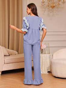 Ladies' Contrast Color Lace Patchwork Ruffle Short Sleeve Top & Solid Color Long Pants Pajama Set