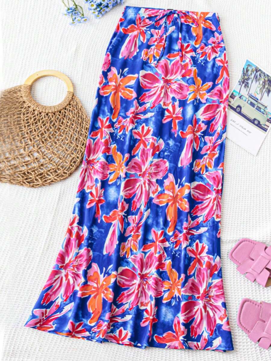 Soleia WYWH Ladies' Holiday Leisure Graduation Season Back To School Season Garden Afternoon Tea Party Lunch Watercolor Flowers Multi-Color Elastic Skirt