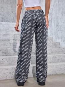 SHEIN EZwear Women's Loose Fit Straight-Leg Jeans With Letter Print Pockets - Grey - View 2