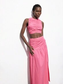 Maija 2pcs Outdoor Set For Women: Watermelon Pink Ruffle Trim Top + Pleated Skirt