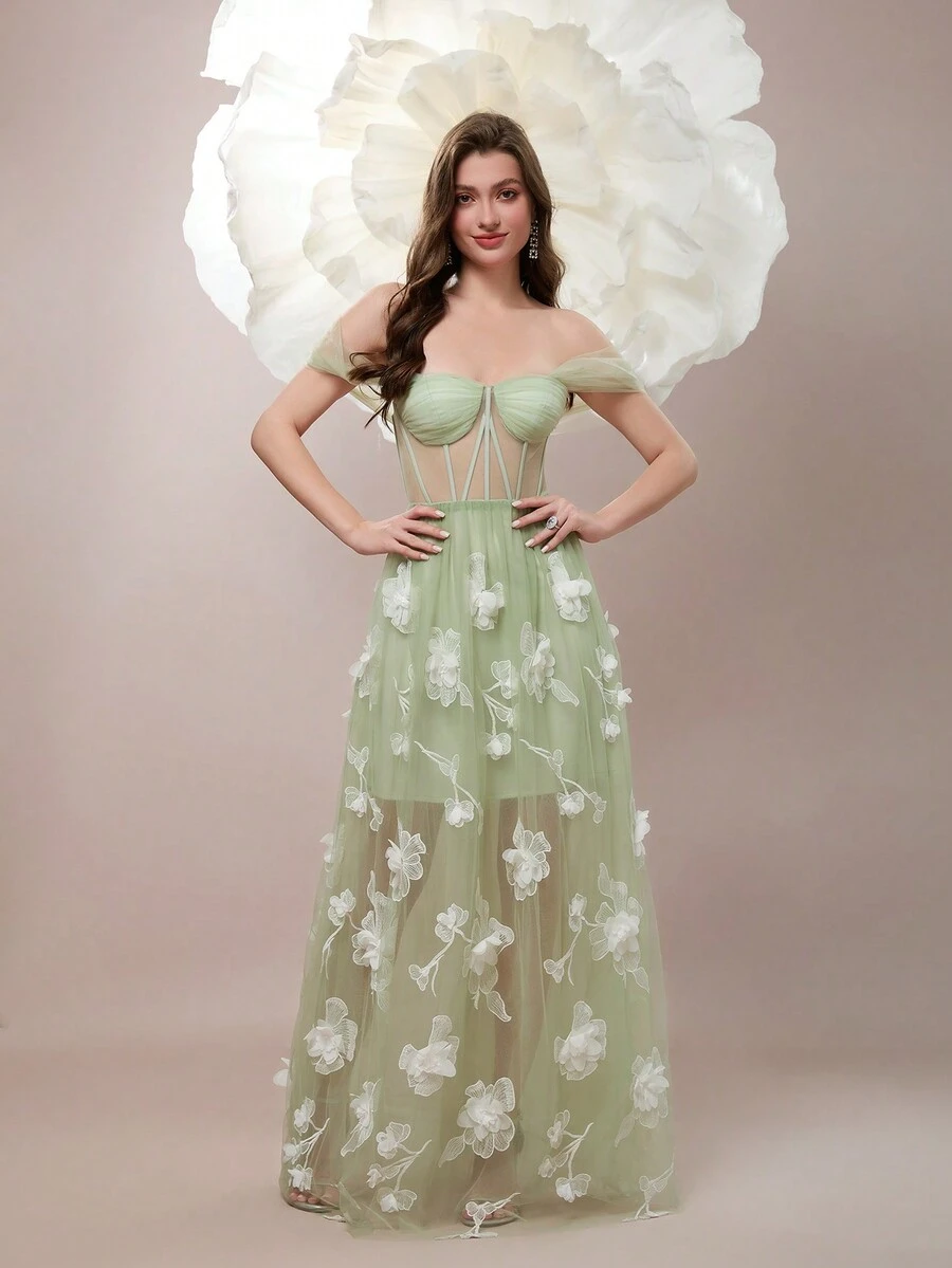女士 3D 花卉点缀露肩薄纱正式晚礼服 - 綠色 - 查看 1