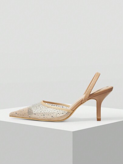 MOTF PREMIUM 女士水钻网眼尖头高跟鞋，适合圣诞节、秋季新年假期、情人节