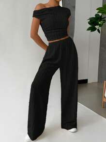 SHEIN EZwear Ladies' Solid Color Short Sleeve Round Neck Top And Long Pants Summer Casual Two-Piece Set - Black - View 4