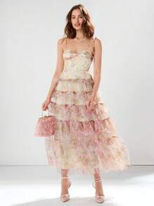 Enchnt 女士甜美浪漫，層疊荷葉邊夏季細肩帶連衣裙 - 粉色 - 查看 1