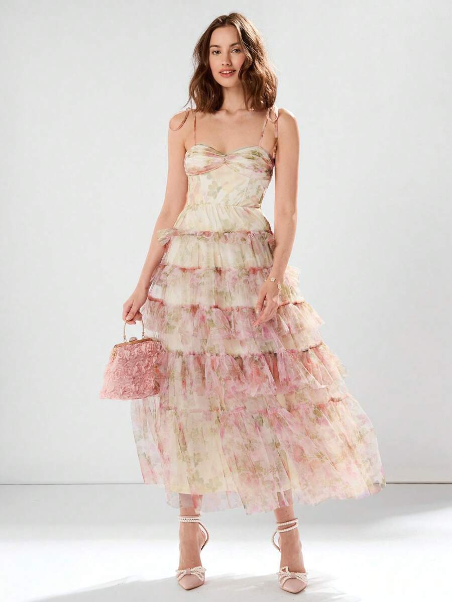 Enchnt 女士甜美浪漫，層疊荷葉邊夏季細肩帶連衣裙 - 粉色 - 查看 1