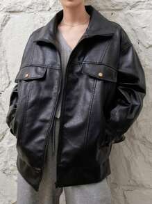 DAZY Flap Pocket Drop Shoulder PU Leather Jacket Winter - Black - View 4