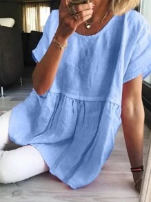 SHEIN LUNE 女士时尚蓝色亚麻混纺露肩泡泡袖开衩下摆衬衫 - 藍色 - 查看 1