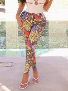 SHEIN SXY Bohemian Paisley Print Vacation Sexy Burnout Hollow Out Long Tight Underwear For Women, Perfect For Summer Vacation