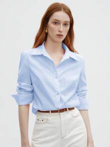 BizChic 女士休闲翻领长袖衬衫，基础都市通勤风格，简约优雅时尚商务休闲风，适合教师及办公室穿着，秋季款 - 藍色 - 查看 1