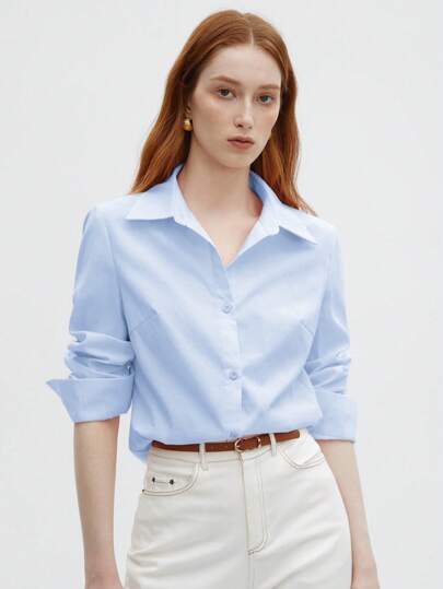 BizChic Women's Casual Turndown Collar Long Sleeve Shirt, Basic Urban Commuting Style, Simple Elegant Fashion Business Casual, Suitable For Teachers And Office Wear, Autumn