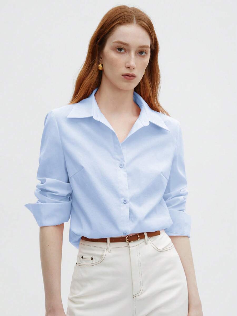 BizChic 女士休闲翻领长袖衬衫，基础都市通勤风格，简约优雅时尚商务休闲风，适合教师及办公室穿着，秋季款 - 藍色 - 查看 1