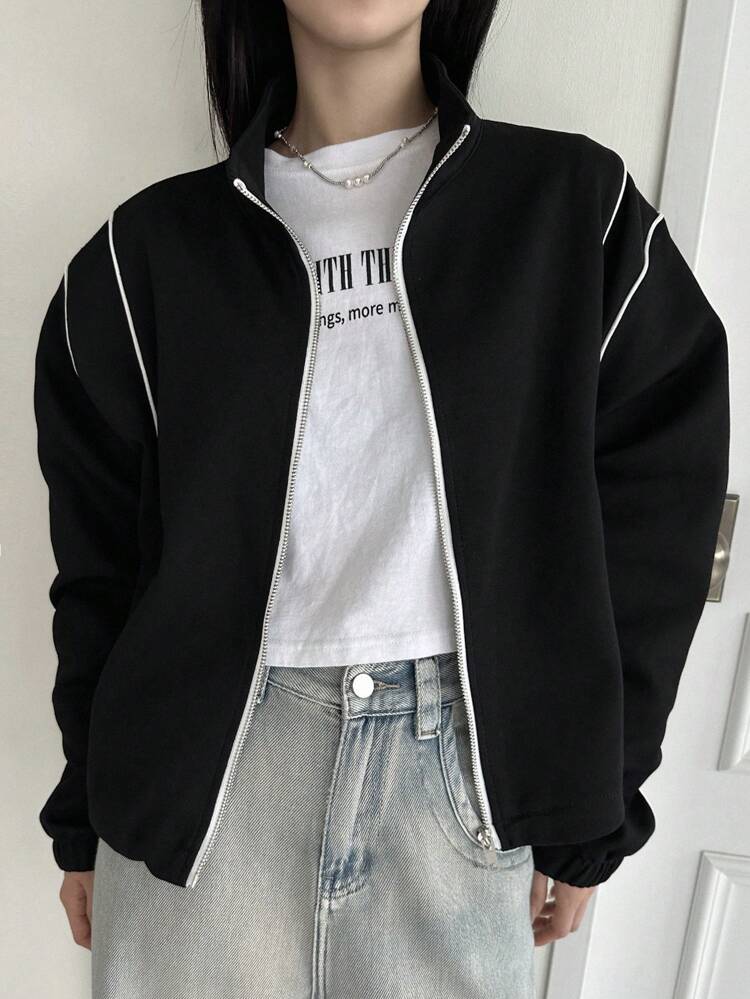 Contrast Piping Drop Shoulder Zip Up Jacket