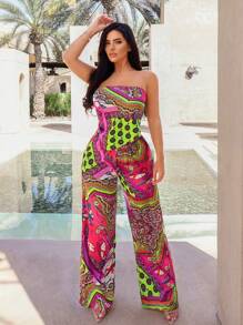 SHEIN SXY Ensemble deux pièces de vacances composé d'un foulard tête imprimé cachemire et d'un pantalon droit taille haute