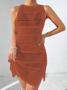SHEIN Swim Áo choàng hở lưng không tay màu trơn đơn giản cho nữ mặc hàng ngày vào mùa hè - Gỗ đỏ - Xem 5