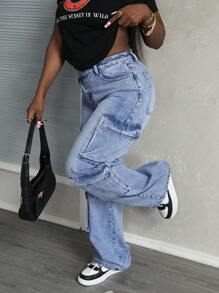 SHEIN Tall Jeans de mezclilla lavada con bolsillo utilitario y cintura asimétrica para mujeres