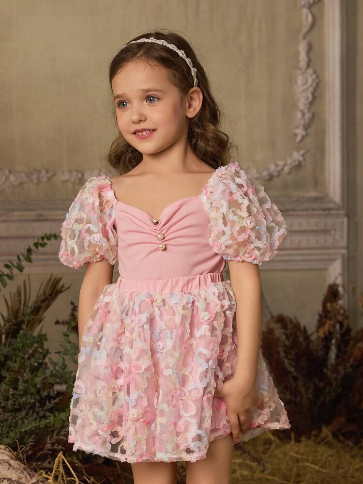 Young Girls' Sweetheart Collar Puff Sleeve Top With Pleats & Decorative Buttons And Cut-Out Detail Skirt Two Pieces Set