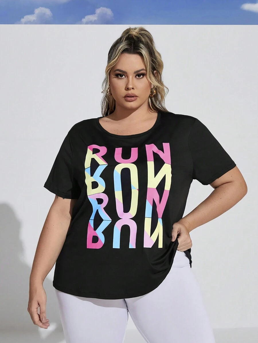 SHEIN Rhythm Era Talla grande Camiseta deportiva con estampado de letra - Negro - Ver 1